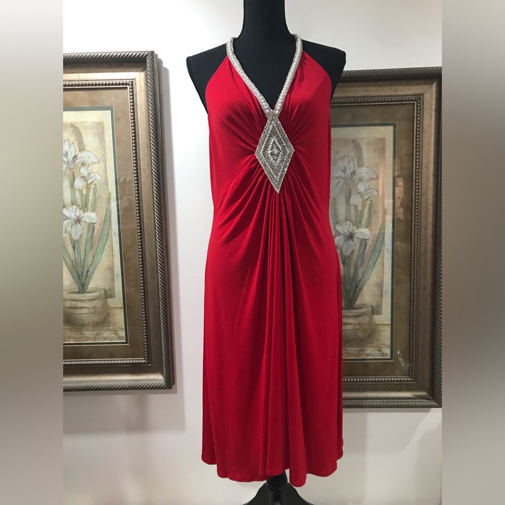 Red Halter Evening Dress with Silver Embellishment